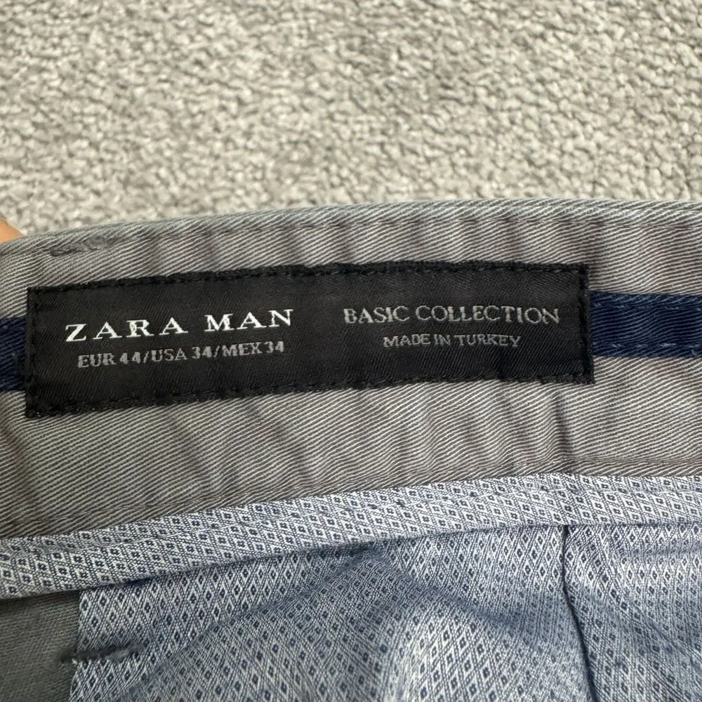Zara Man Basic Collection Chino Pants Men 34 Gray Straight Leg Flat Front Cotton